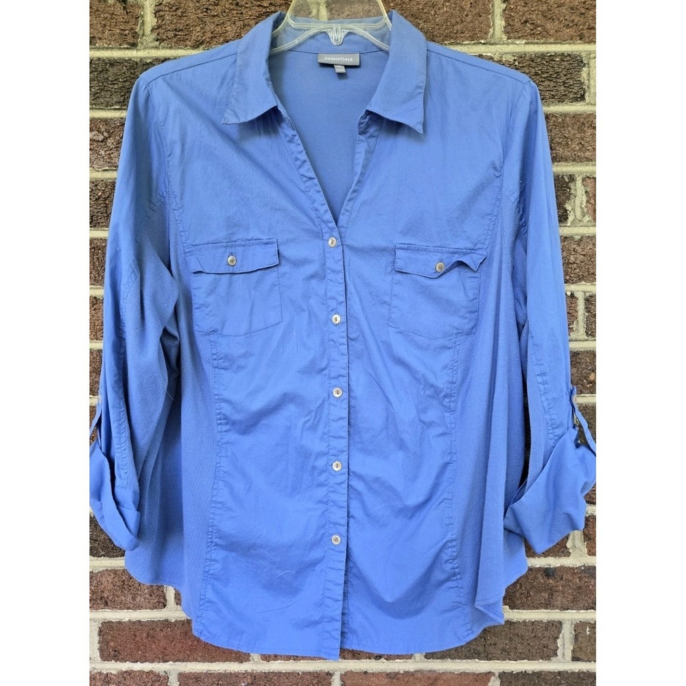 Essentials Womens Plus 2x Blue ButtonUp Knit Side Insert Stretch Flexible Casual